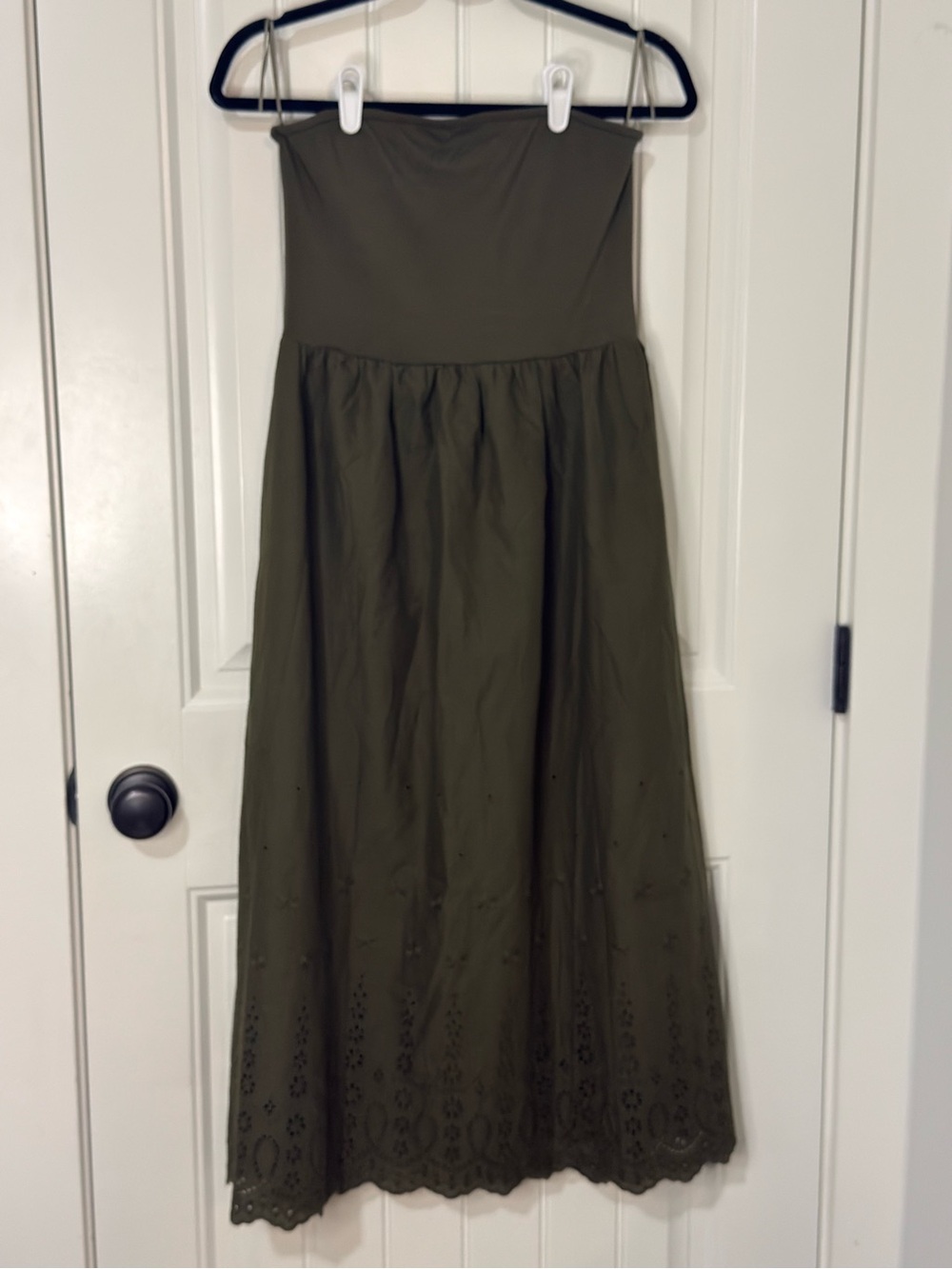 Olive Green Strapless Eyelet Maxi Dress with Pockets